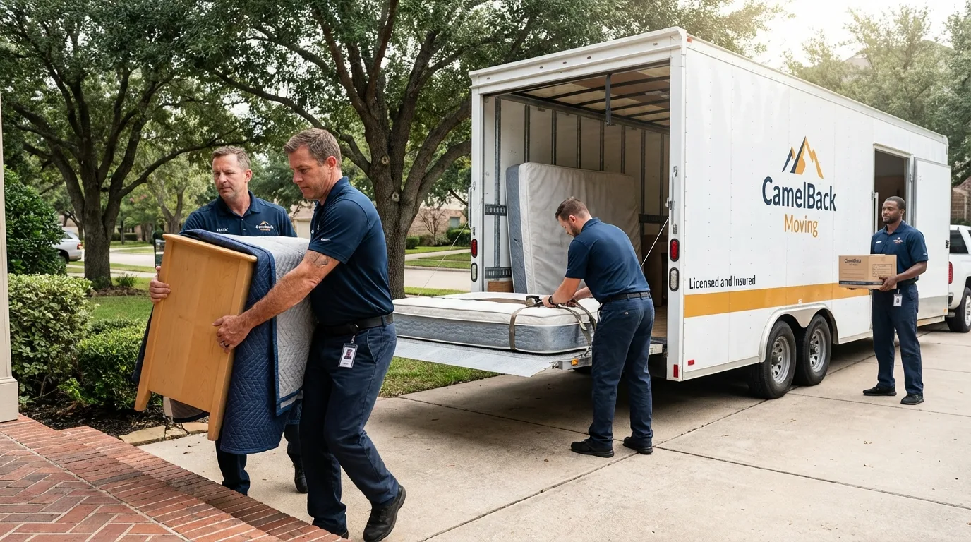 Crew loading residential truck for cross-state move from Garland, TX