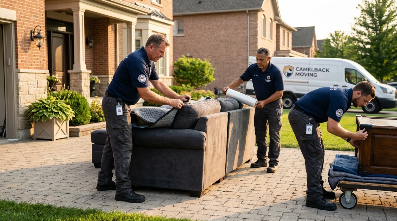 Large estate moving crew wrapping furniture in Garland, TX