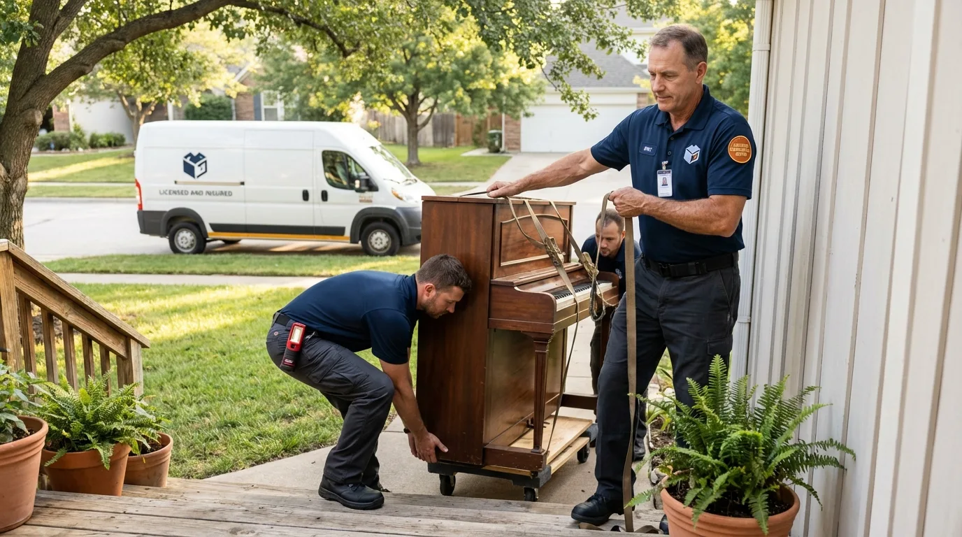Licensed piano movers securing grand piano in Garland, TX