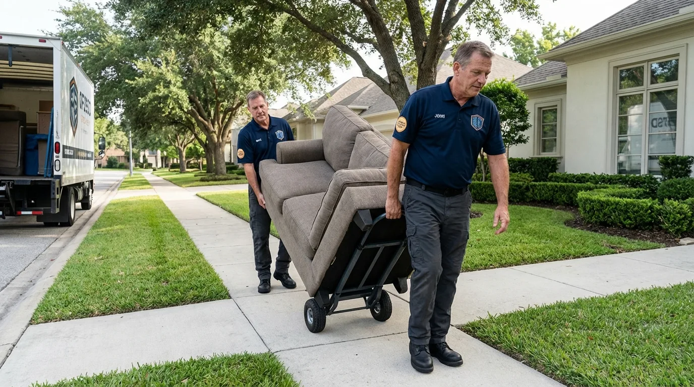 Local residential moving crew loading furniture in Garland, TX