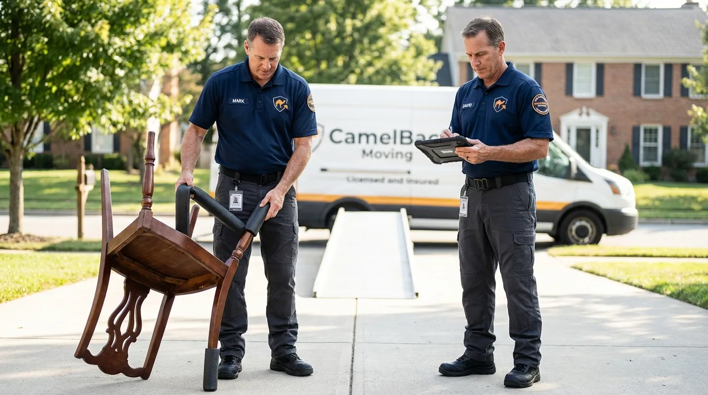 Movers inspecting furniture for damage prevention before loading in Garland, TX