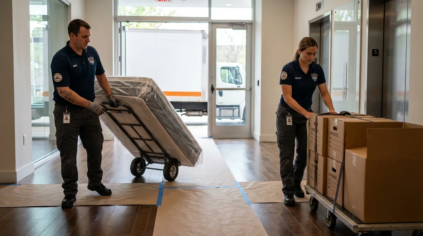 Professional apartment movers loading elevator in Garland, TX