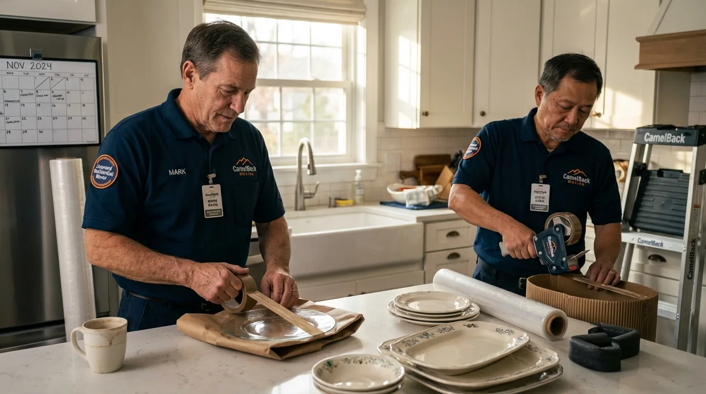 Professional crew packing kitchen dishware in Garland, TX